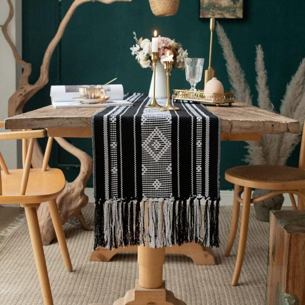 Boho Table Runner with Tassel, Farmhouse Table Runner 71 Inches Long for Dining
